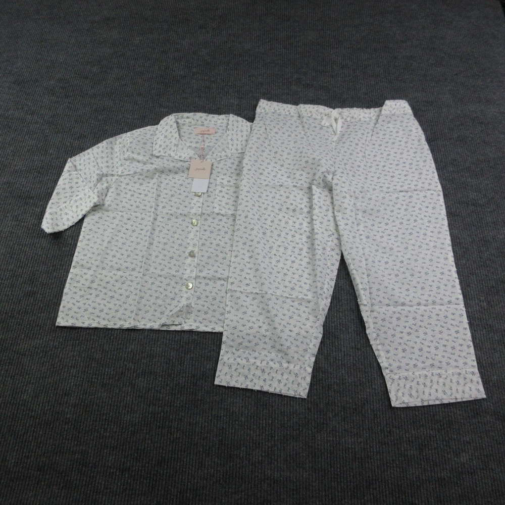 Papinelle Pajama Set Womens L White Floral 100% Cotton Collared 3/4 Sleeve NWT